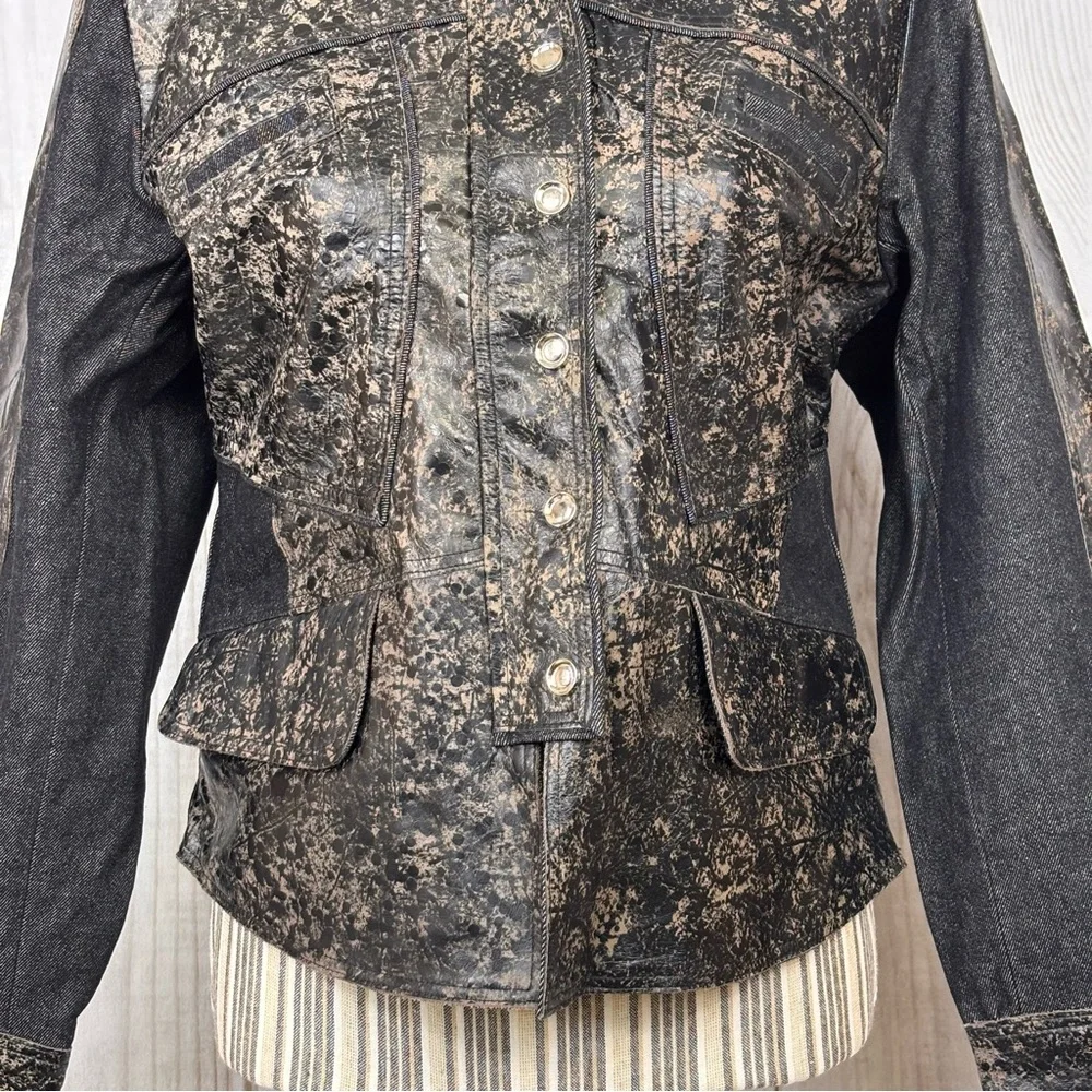 H&D Classic Distressed Leather Denim Moto Jacket Snaps Dressy Casual Biker Large - Picture 7 of 15